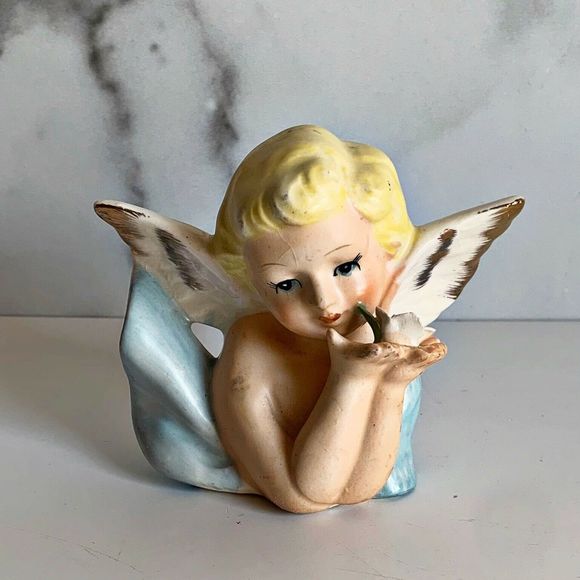Vtg Blonde Girl Angel Bud Vase Holding Flower